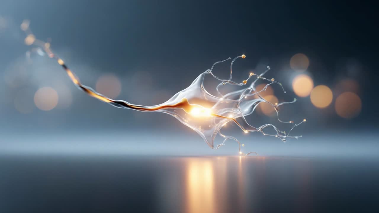 A mesmerizing depiction of a luminous neuron-like structure pulsating in a blurred, ethereal environment, evoking the intricate beauty of the nervous system and the wonders of biological connectivity