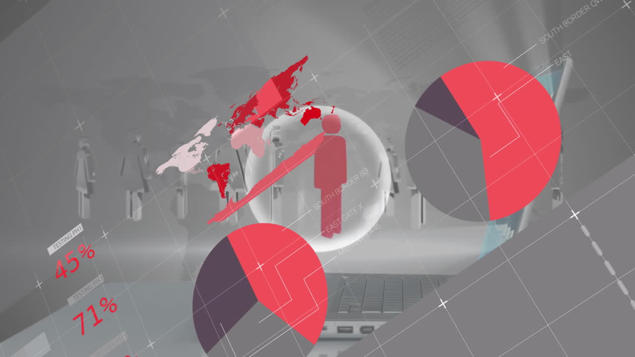 Animating red pie charts and percentages on world map for global data visualization