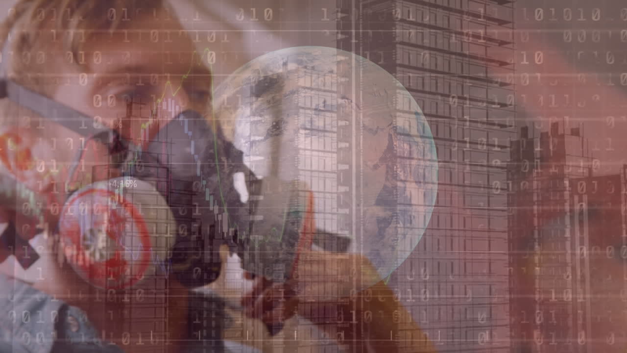 animación de un hombre poniendo una máscara de protección en la pantalla de la bolsa de valores en el fondo
