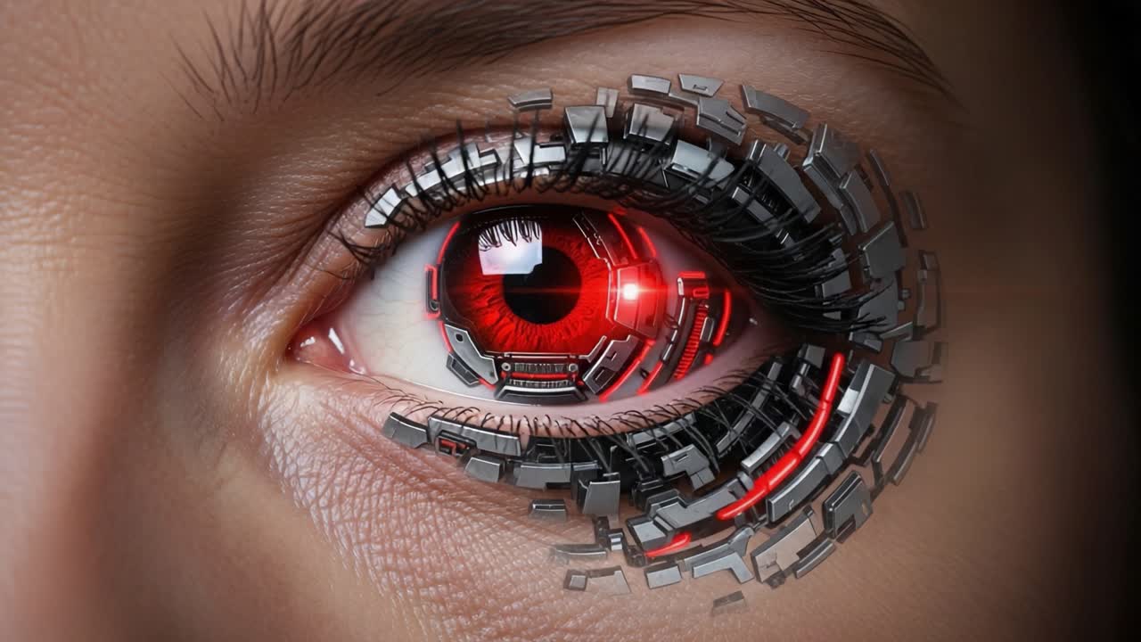 A Stunning Depiction of a Cybernetic Eye with a Glowing Red Iris, Merging Organic and Technological Elements for a Futuristic Aesthetic