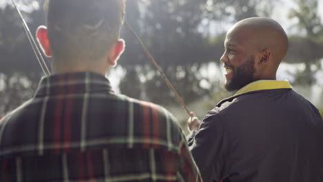 fishing, laugh and friends in nature talking