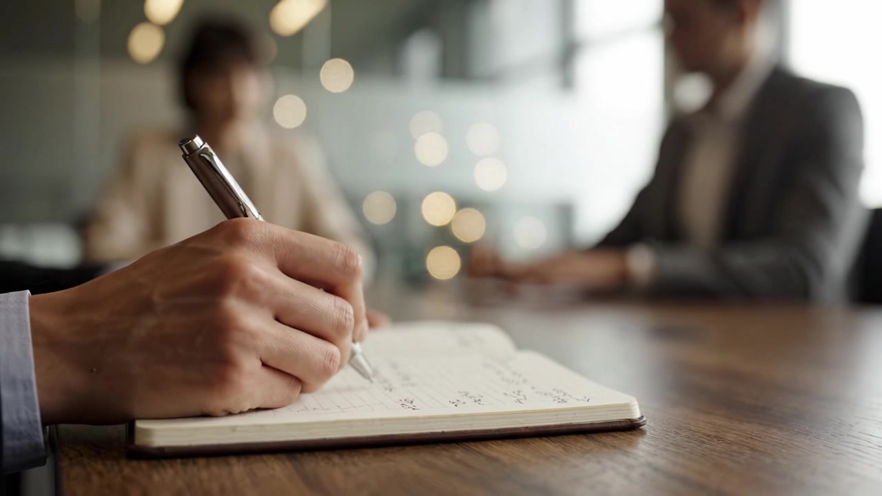 A Business Meeting in Progress with Note-Taking and Focused Discussion Among Colleagues, Captured in Two Frames Highlighting Engagement and Communication.