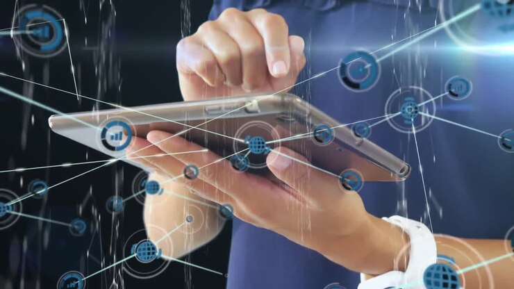 Animation of network of connections and icons over person using tablet