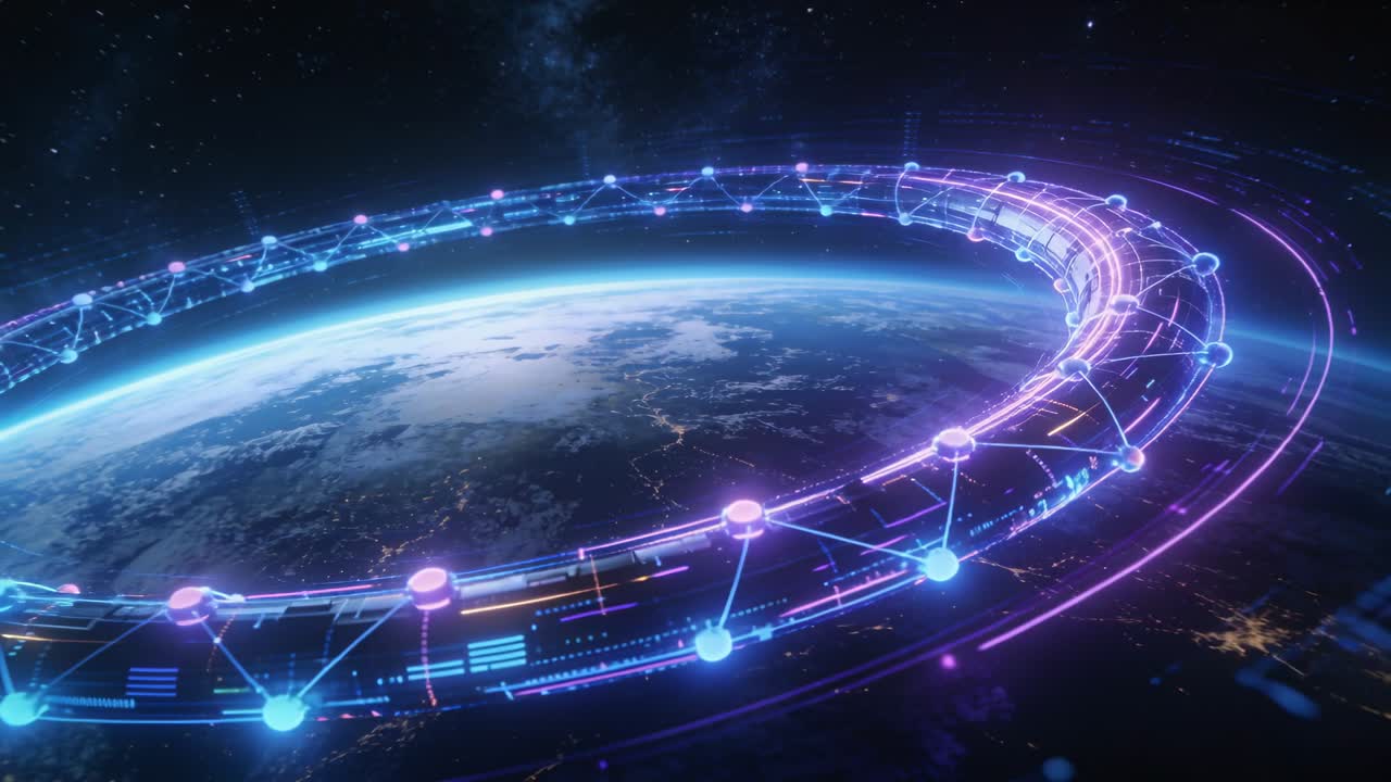 Hologram orbital ring rotating around planet, camera panning and data pulses marking nodes for tech