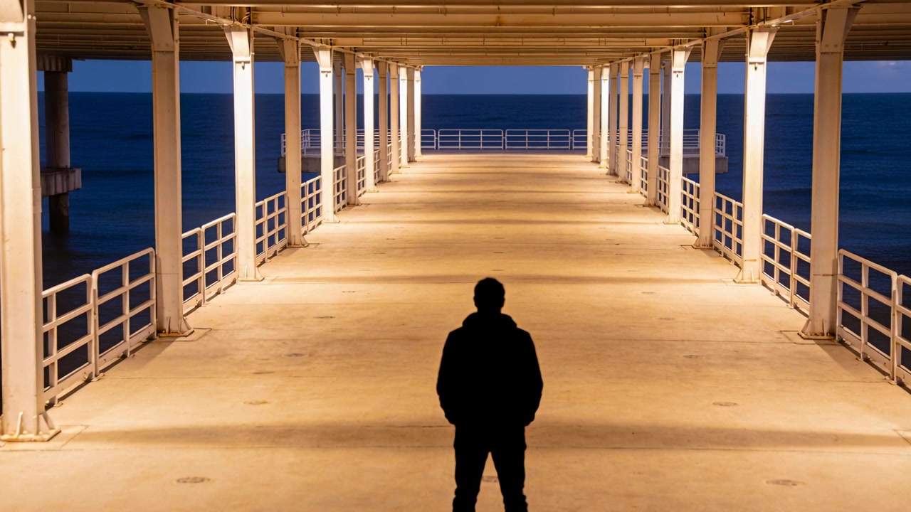 Dollying camera revealing hooded man standing on covered pier facing dark sea, warm lights