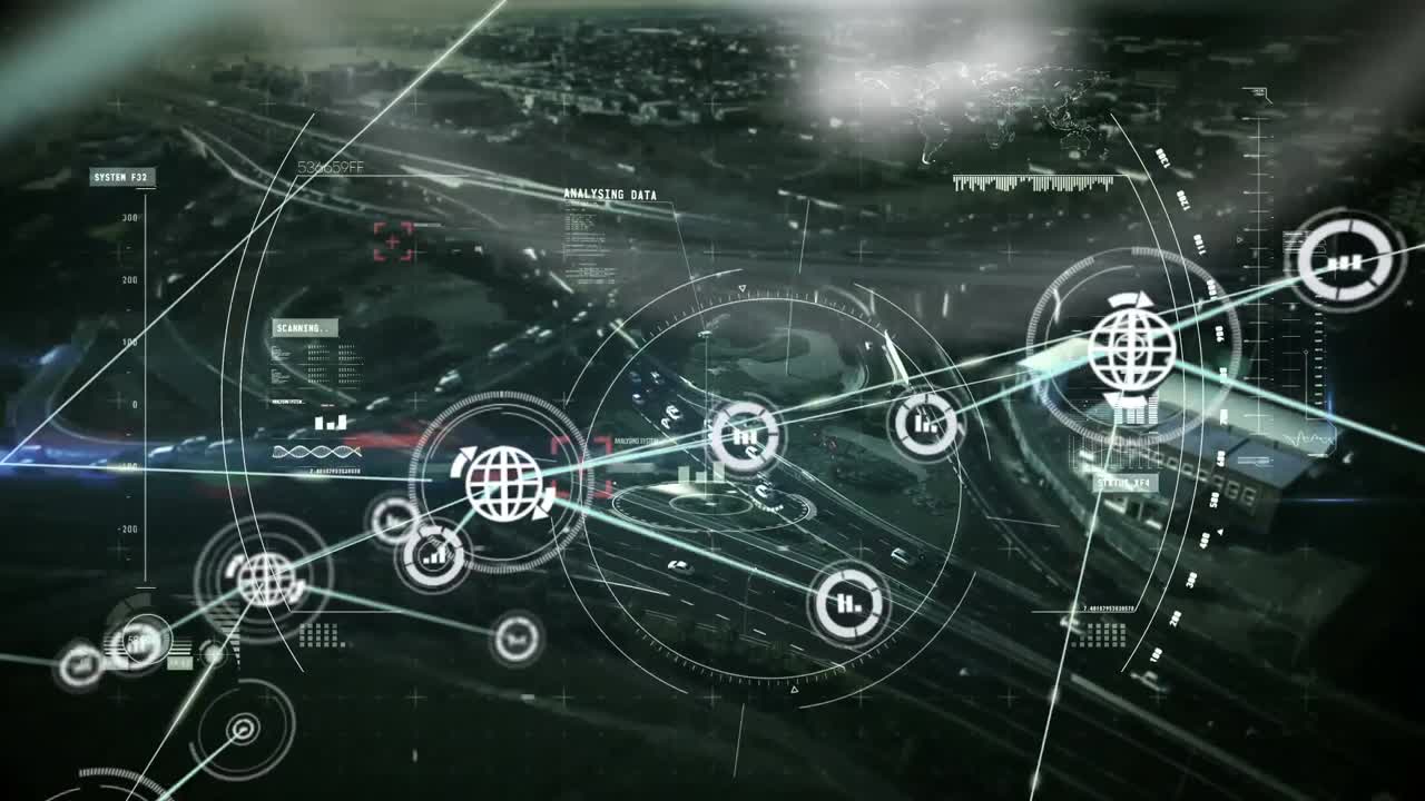 animación de la red de conexiones con iconos sobre el paisaje urbano