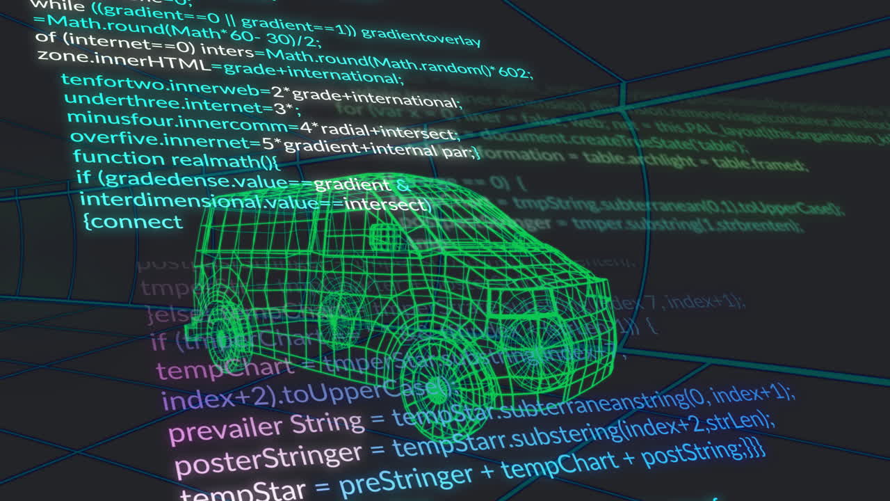 Animation of green wireframe van model with programming code in digital setting