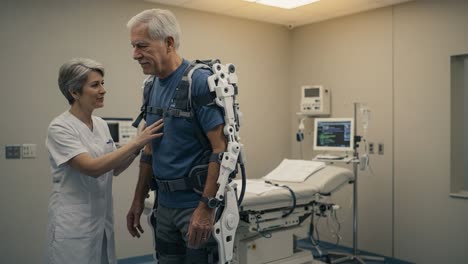 a compassionate healthcare professional assists an elderly patient in a medical setting, showcasing advanced rehabilitation technology to enhance mobility and independence