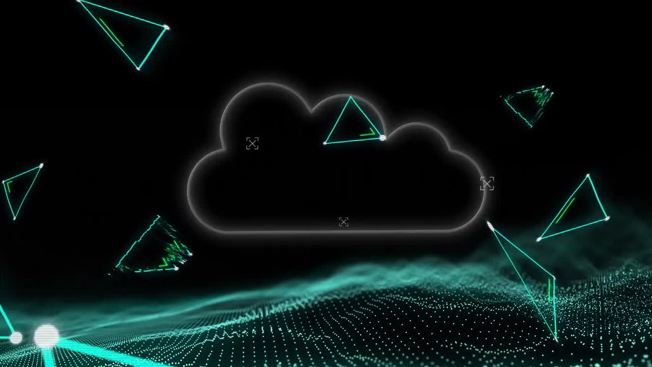 animación de triángulos y nubes sobre puntos en movimiento sobre fondo negro