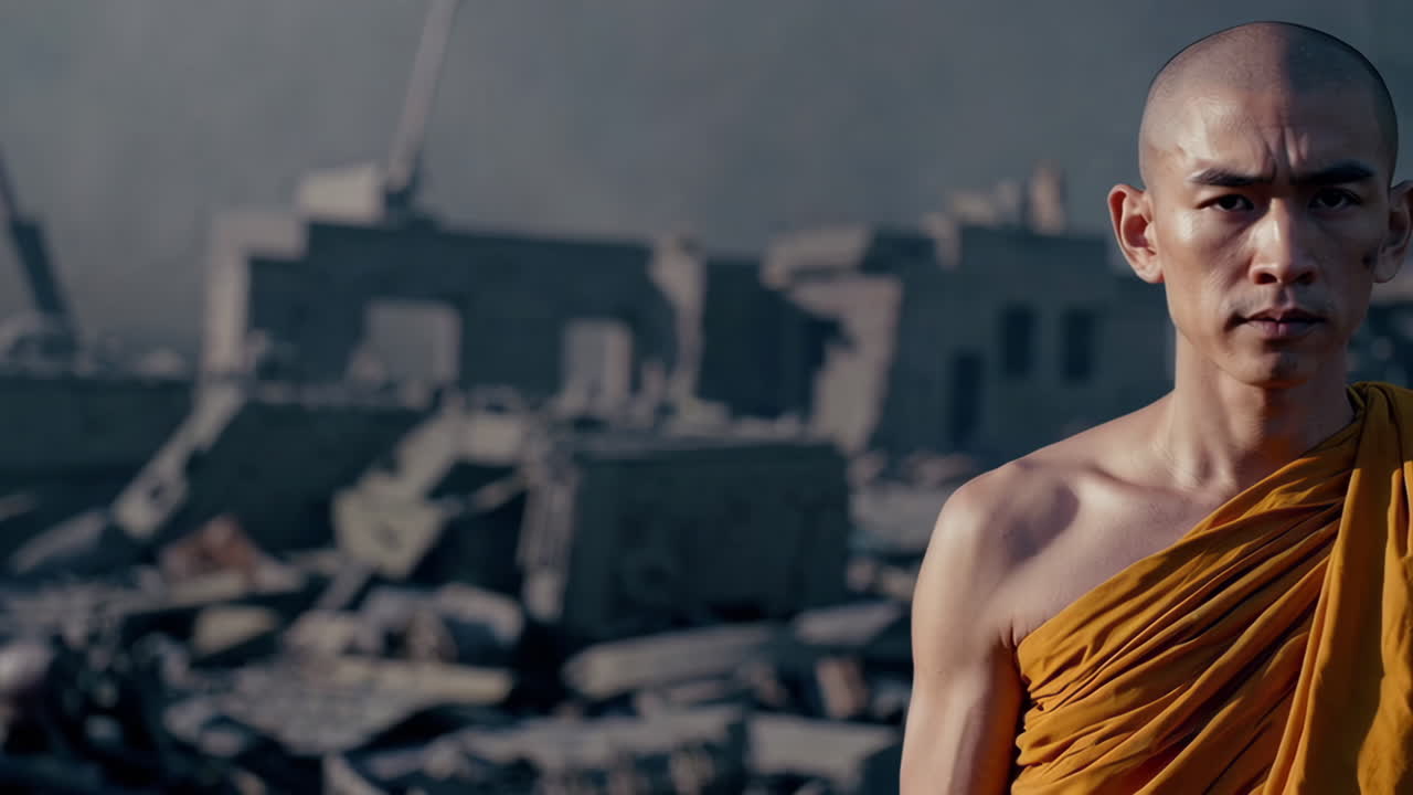 monje en una zona de guerra