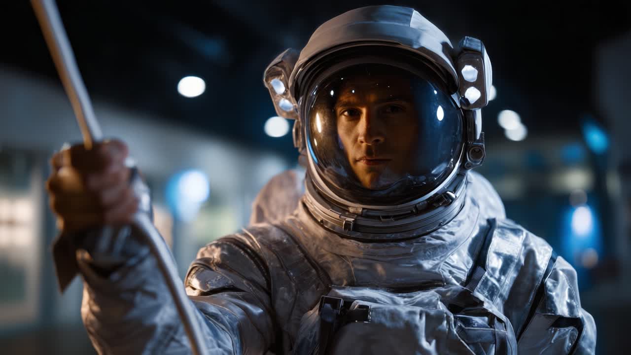 En astronaut i et futuristisk rummiljø, der forbereder sig på en mission med højteknologisk udstyr og intenst fokus, fanget under dynamiske lysforhold.