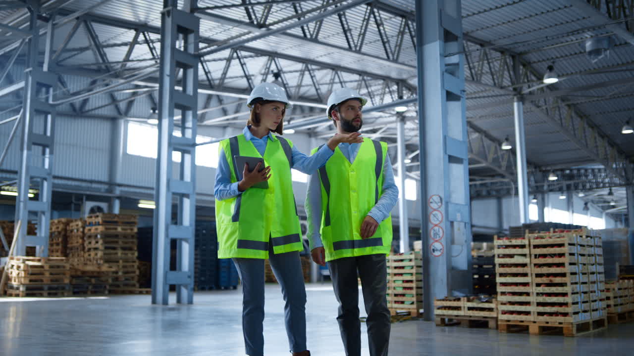 Warehouse workers tablet information check collecting info about production