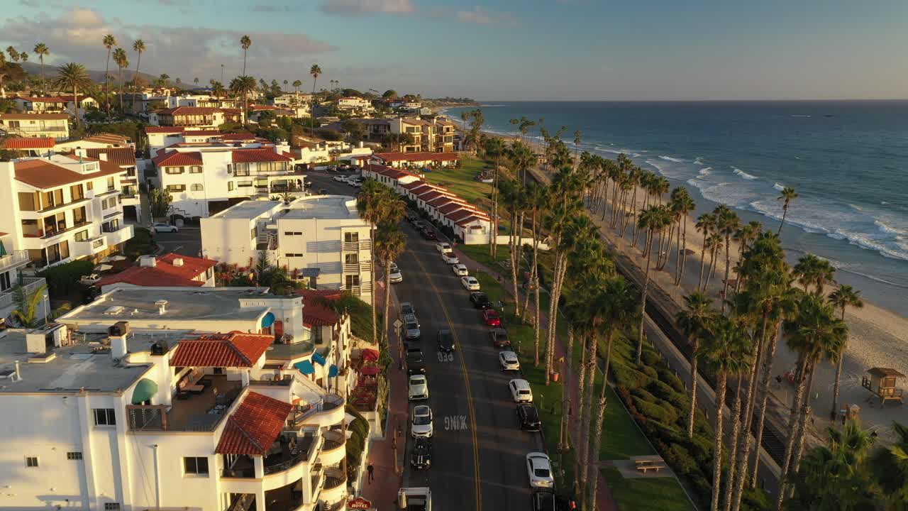 Aerial view of San Clemente, California, Over Avenida Victoria street at sundown
