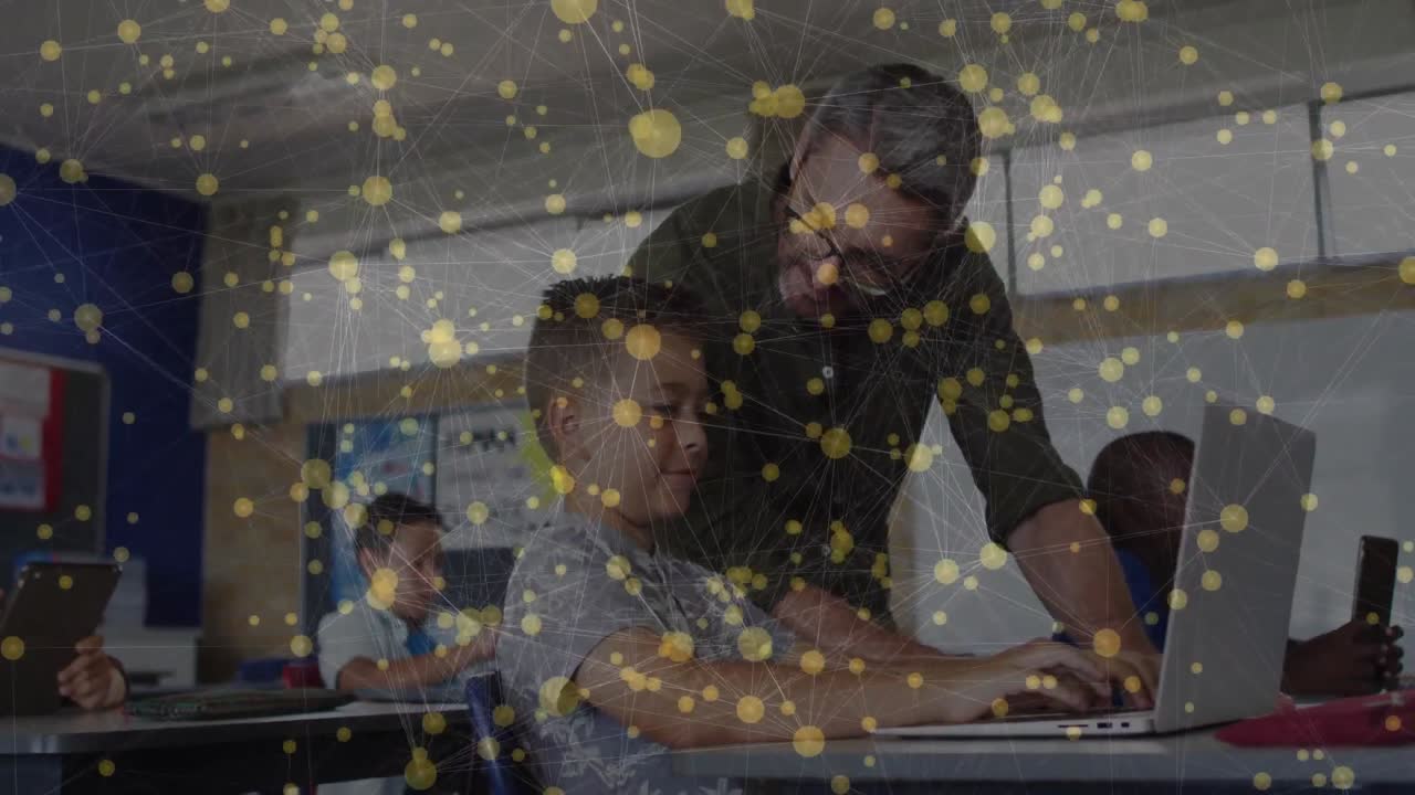 Teacher guiding student typing laptop in classroom, animated checkmark appearing for learning