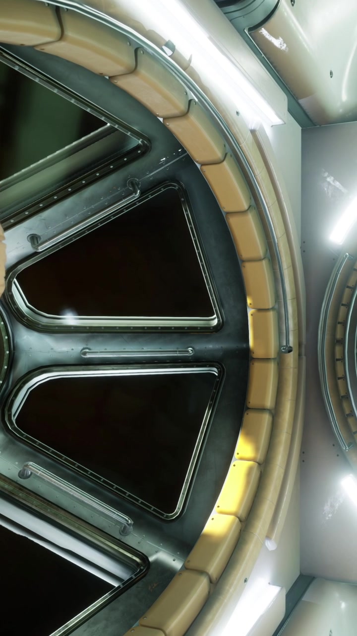 Exploring the interior of a space station with a view of a circular window
