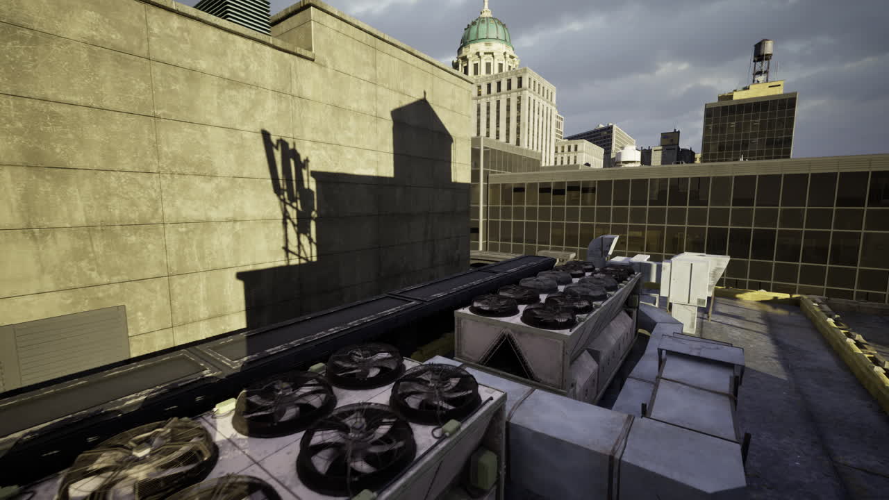 Urban rooftop view featuring industrial cooling units and city skyline