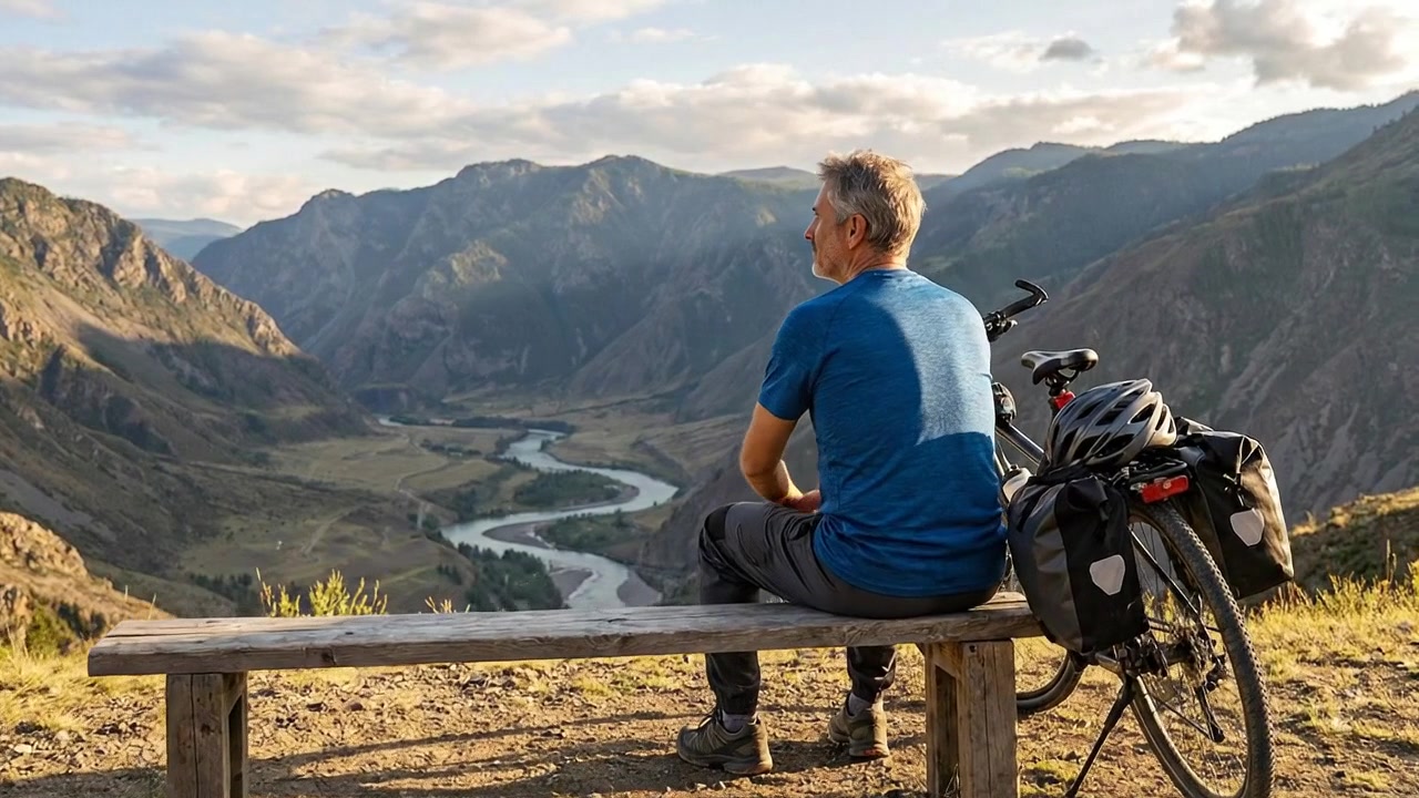 Viaggiatore seduto su un punto panoramico di montagna con la bicicletta al tramonto.