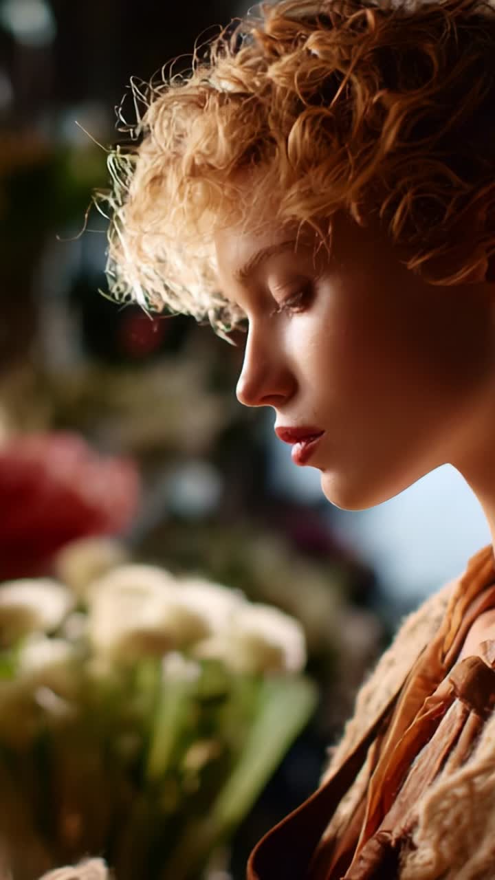 A Captivating Profile of a Young Woman Surrounded by Beautiful Flowers, Illuminated by Soft Light in a Serene Indoor Setting, Evoking Elegance and Grace