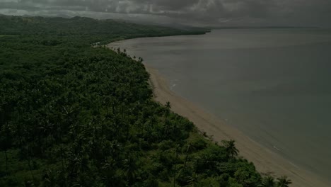 Green-landscape,-sand-beach-and-calm-sea-in-Philippines,-aerial-pull-out