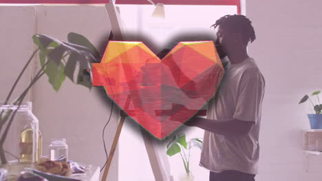 animation of interference and heart over african american man painting