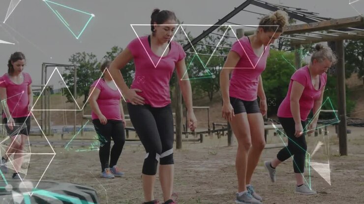 Animation of shapes over diverse women at obstacle course exercising