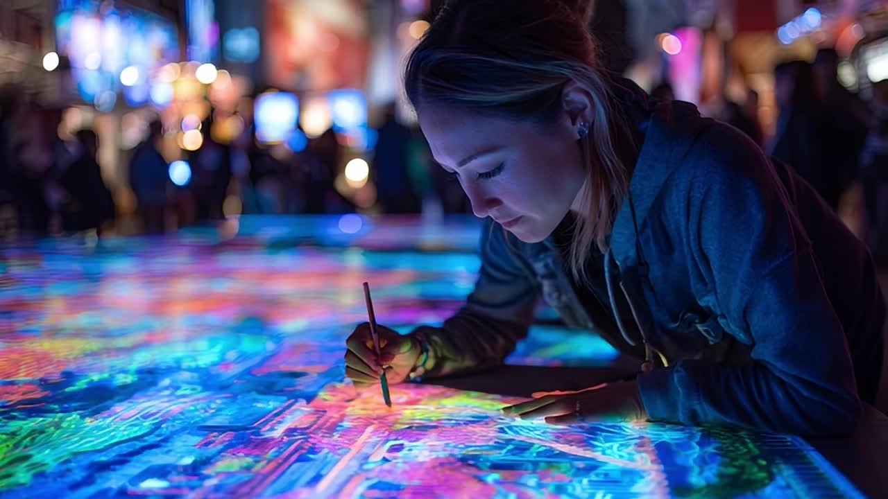 Engaging in interactive art installation at night festival