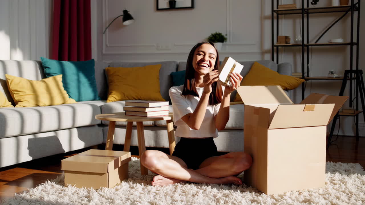Happy woman unboxing packages in her living room