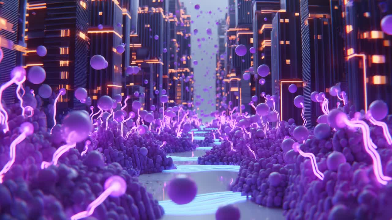 A mesmerizing journey through an illuminated digital landscape filled with glowing spheres and electric currents, showcasing the fusion of technology and vibrant colors in a futuristic setting