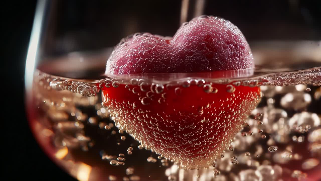A Captivating Close-Up of a Heart-Shaped Strawberry Floating in Effervescent Sparkling Beverage, Emphasizing Romance and Celebration with Bubbles and Rich Colors