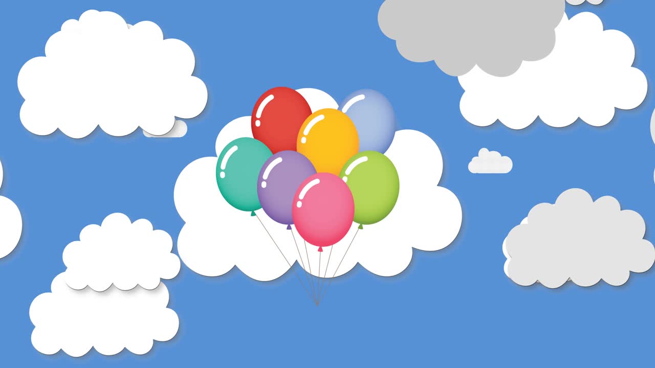 파란색 바탕에 구름 위를 날아다니는 풍선의 애니메이션