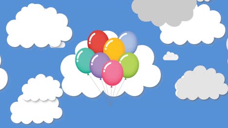 animation of flying balloons over clouds on blue background