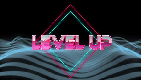 level up text animation over blue shapes on black background