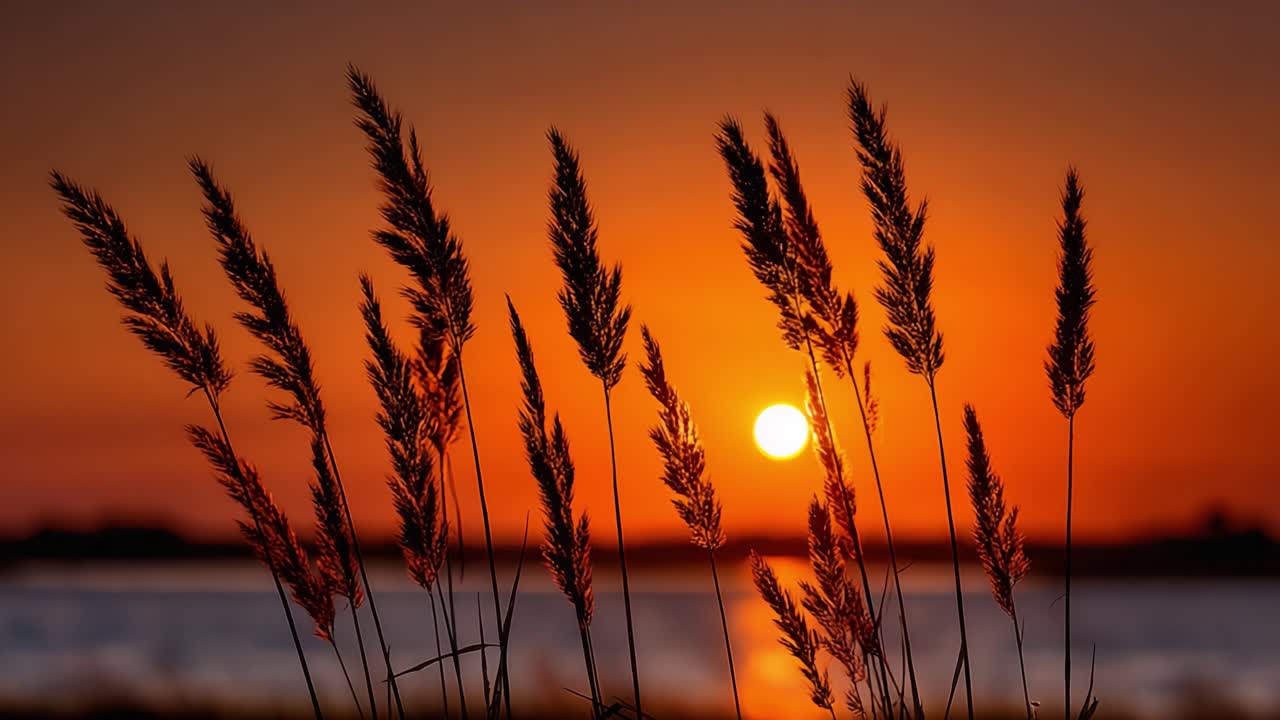 Vangitseva auringonlasku siluettina näkyvien ruokojen yllä: Rauhallinen iltakohtaus, joka tuo esiin luonnon kauneuden ja päivän vaihtumisen yöksi.