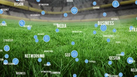 animation of network of connections and text over empty stands in sports stadium
