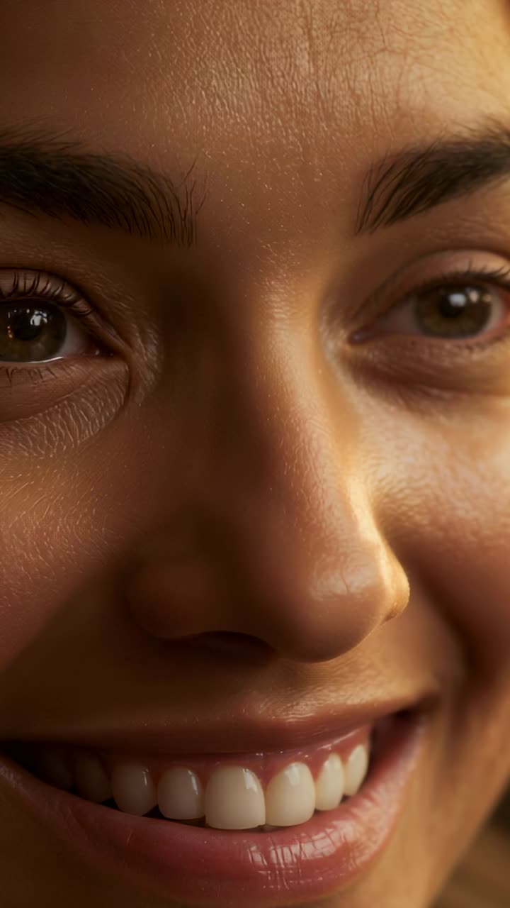 Vertical video: Smiling woman responding to cam, blinking, tilting in warm closeup with eyes, teeth