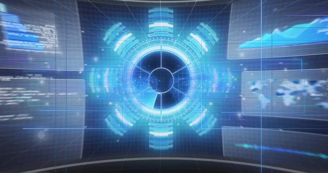 Griglia scura che avvia l'emersione di un'iride, la telecamera che ingrandisce, HUD radiale che ruota per visualizzare le analisi.
