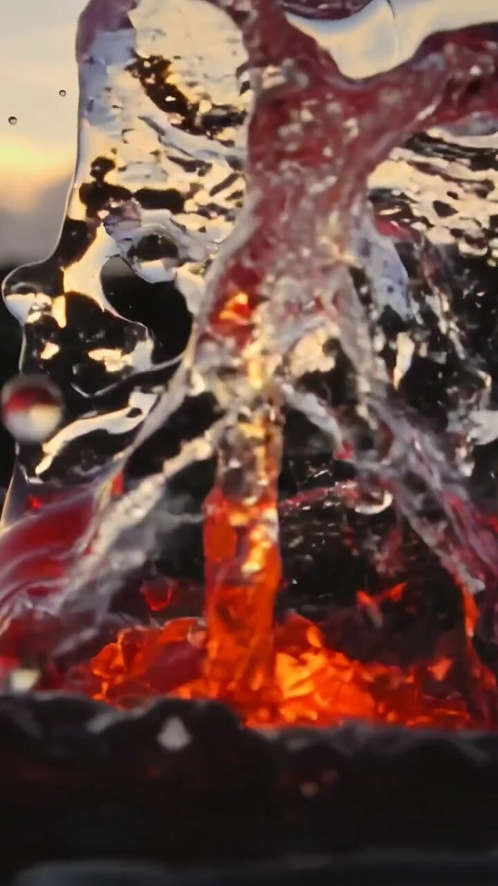 Video verticale: Getto d'acqua limpido che cade e colpisce, creando una corona e schizzando gocce su una piscina rossa al tramonto