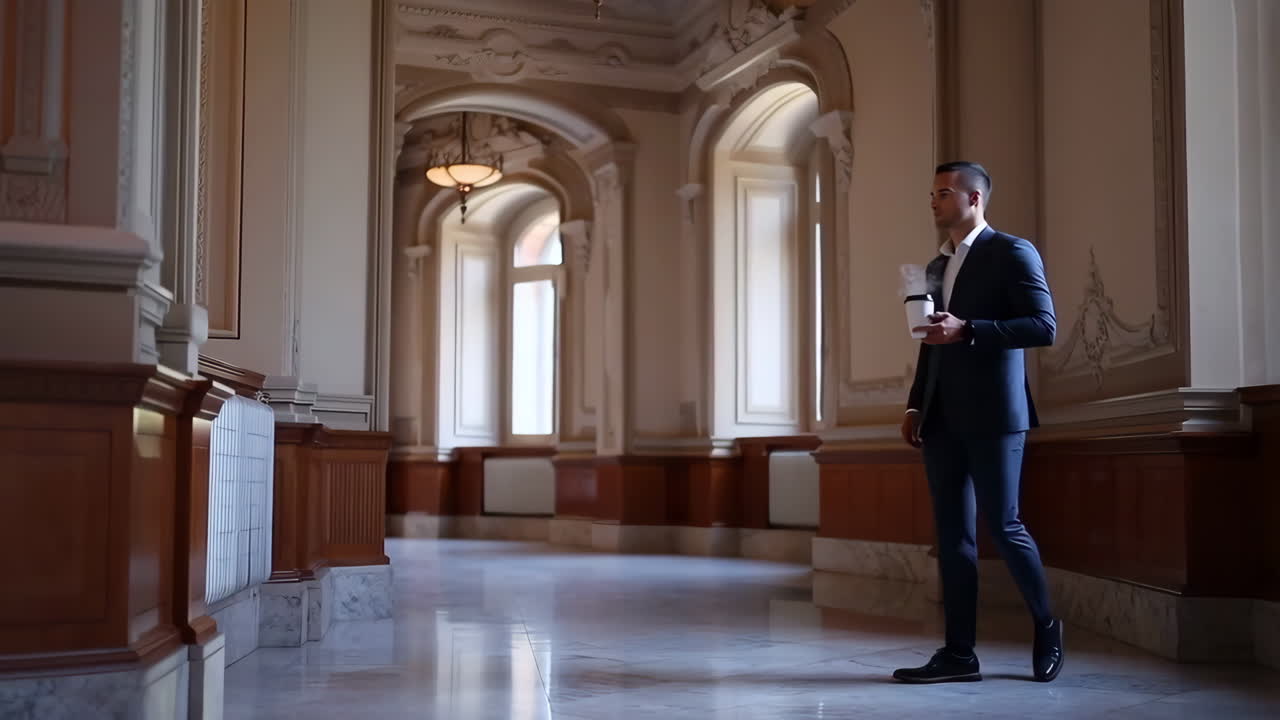 Man in Suit Walking Through a Grand Hallway with Coffee