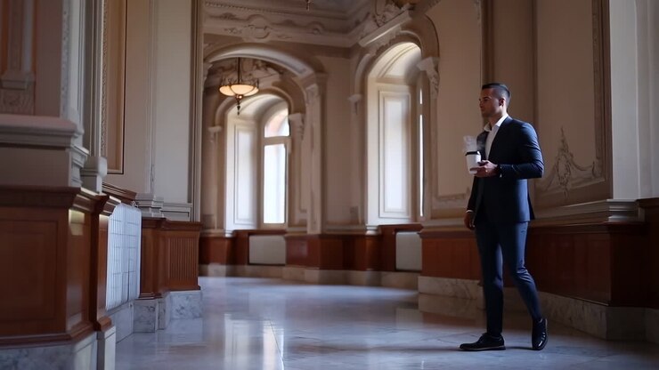 Uomo in abito che cammina attraverso un ampio corridoio con un caffè