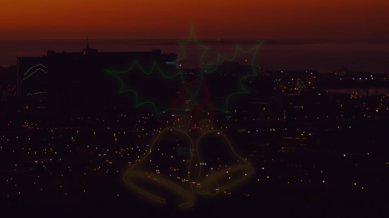 animación de la decoración navideña de neón parpadeante sobre el fondo del paisaje urbano