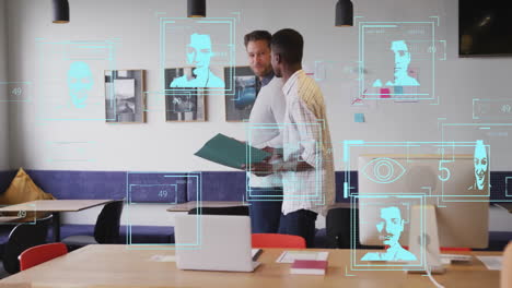 animación de reconocimiento facial sobre reuniones de negocios en la oficina moderna