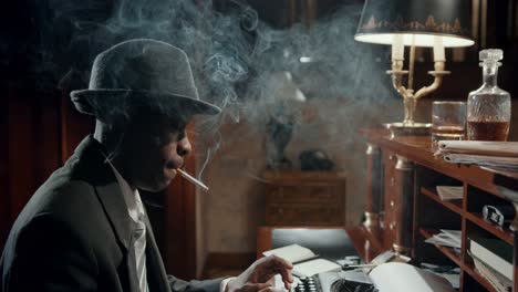 Kinovideo-Eines-Mannes,-Der-Eine-Zigarette-Raucht,-Während-Er-Abends-Auf-Seiner-Schreibmaschine-Schreibt