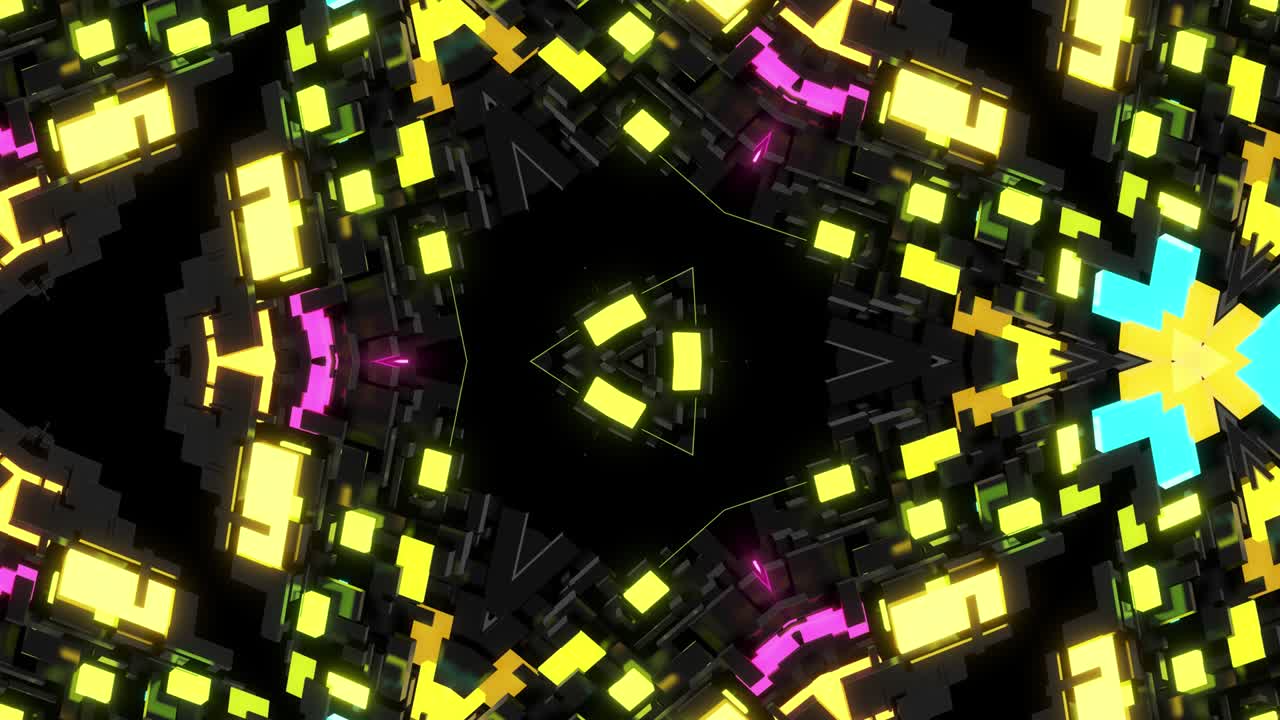 Dunkles Neon-Kaleidoskop. 4K dunkler Looping-Hintergrund mit abstraktem symmetrischem Muster aus geometrischem 3D-Neonlicht. Science-Fiction-Cyberpunk-Hintergrund für Festivals oder Konzerte, Musikvideos, VJ-Loop-Nachtclub