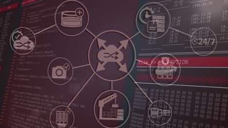 animation of network of connections with icons over data processing