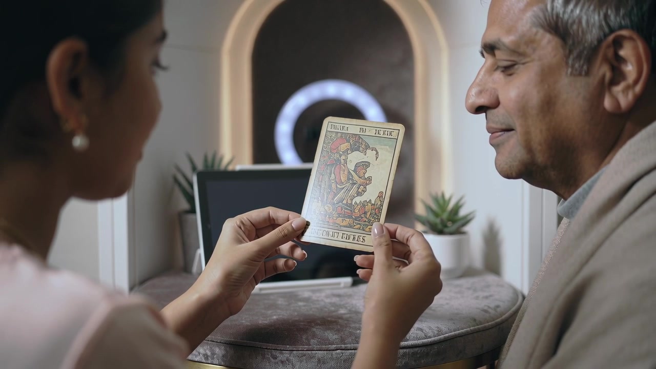 Tarot Reader Showing Card to Client During Consultation
