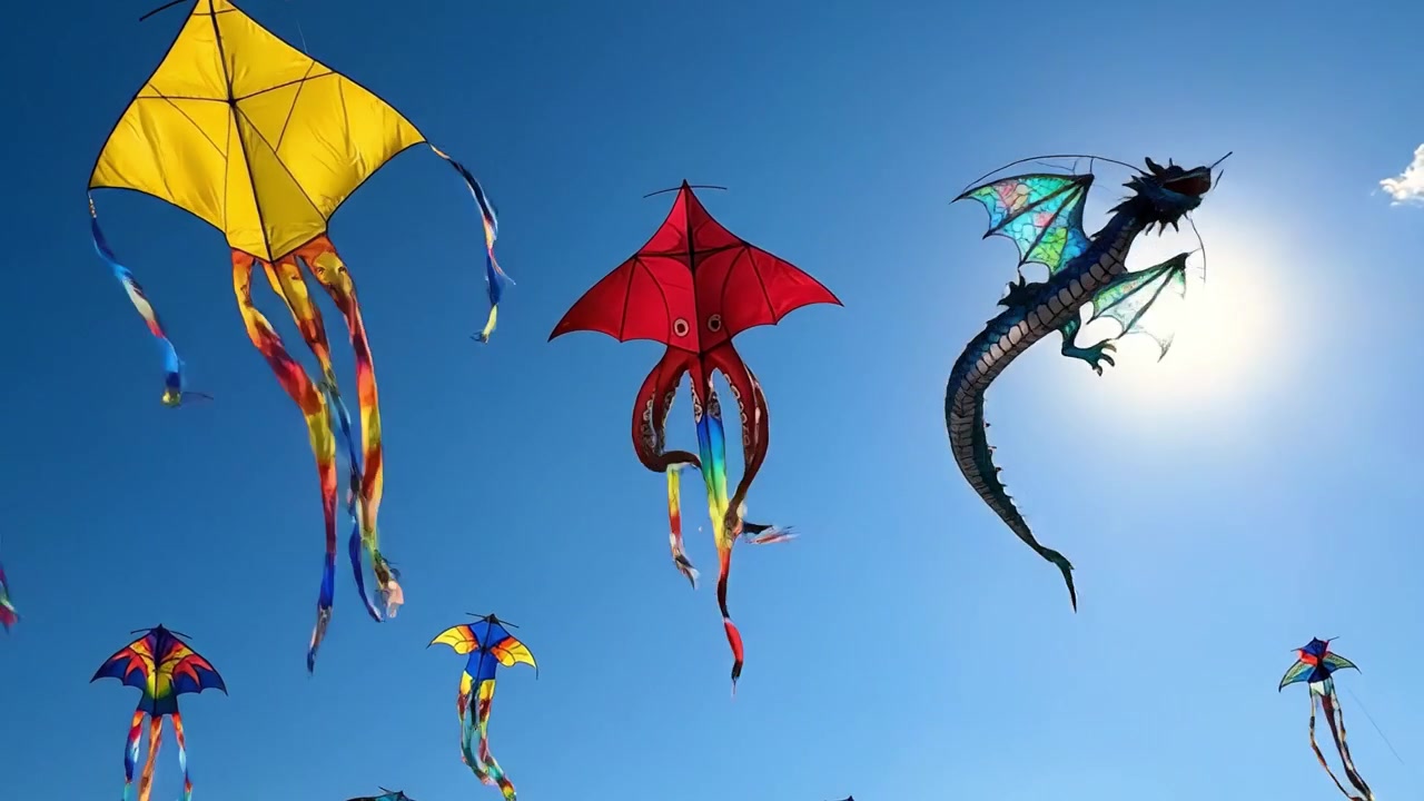 Et levende skue av fargerike drager som danser på himmelen, fanger flygegleden med intrikate design og slående farger på en lys solskinnsdag.
