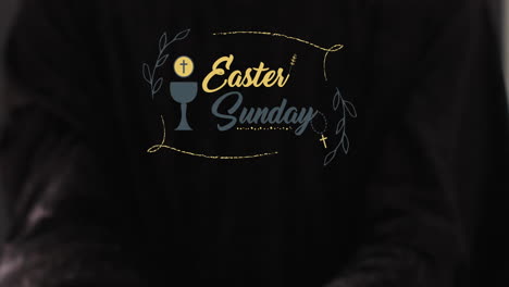 animation of eastersunday text with biracial woman's hands on black background