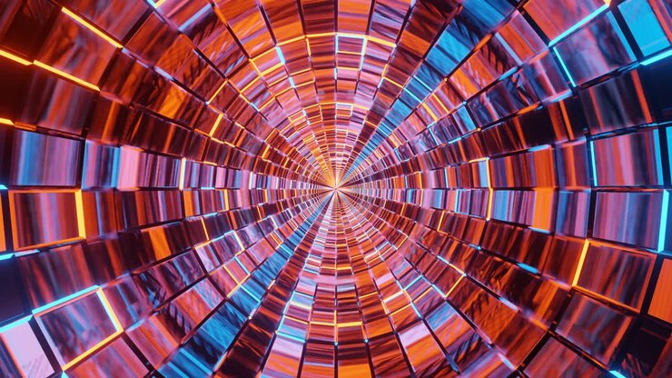 Motion graphics sci fi: traveling inside futuristic colorful brick circular patterns and straight narrow long tunnel
