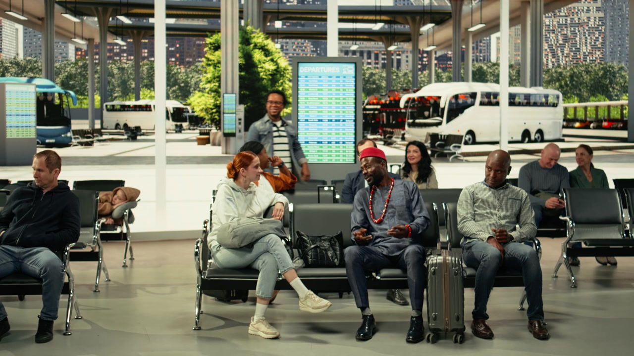 Passeggeri di diverse provenienze nella sala di una trafficata autostazione, pronti per viaggi interurbani.
