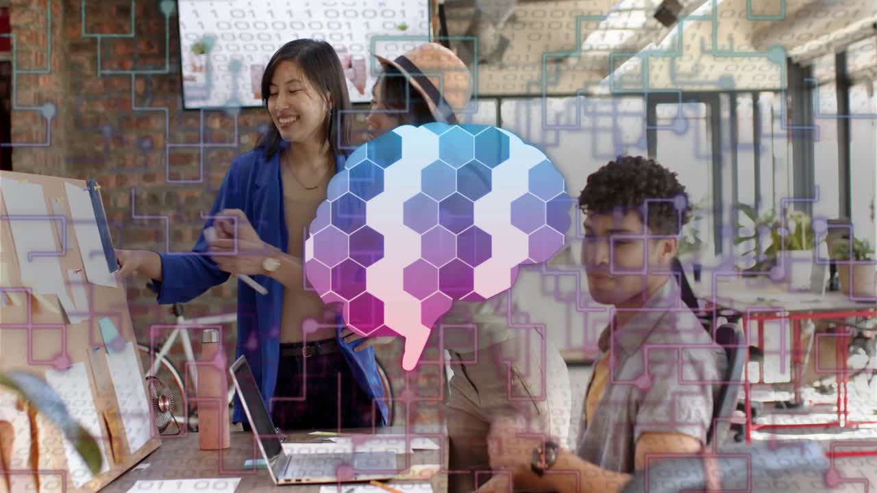 Woman pointing at cards, team leaning, sharing AI docs, hex brain overlay over group, agreeing